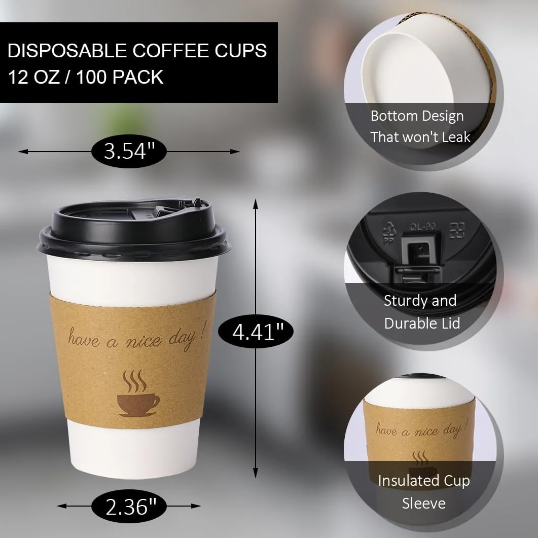 100 pack 12 oz Disposable Thickened Coffee Cups with Lids, Scald Resistant Hot Cup with Sleeve and Straw, To Go Coffee Cups for Home, Office, Cafes and Party (White 12oz)