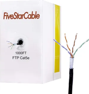 1000Ft Cat5e FTP 24AWG Outdoor Shielded Waterproof Direct Burial Rated 350MHz Bulk Ethernet Router LAN Cable Black (1000Ft, Cat5e(FTP))