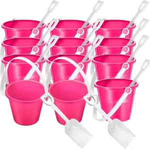 12 Pack 4 Inch Beach Buckets and Shovels for Kids Sand Pails Plastic Sand Buckets Bulk Small Toy Pails at The Beach, Use for Toddlers Little Guys(Hot Pink)