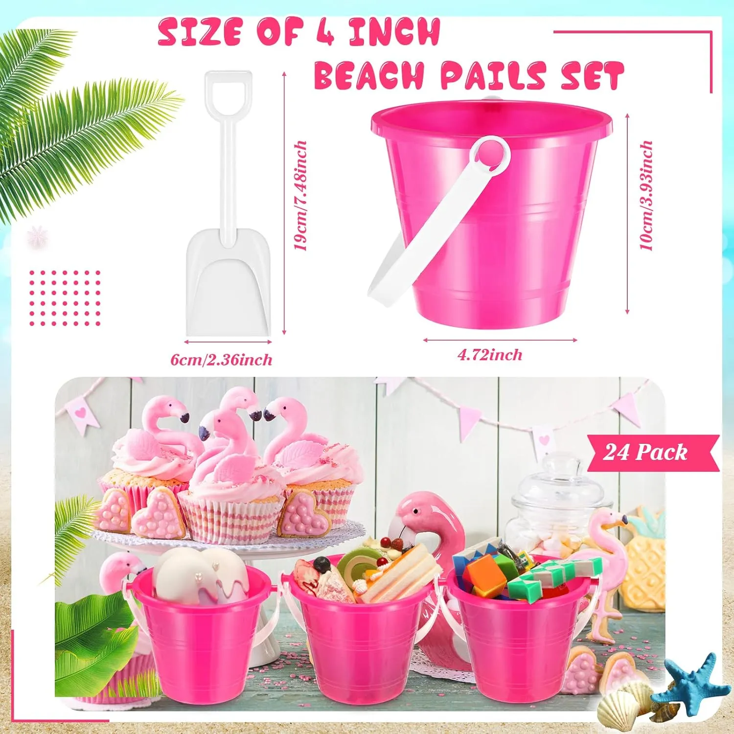 12 Pack 4 Inch Beach Buckets and Shovels for Kids Sand Pails Plastic Sand Buckets Bulk Small Toy Pails at The Beach, Use for Toddlers Little Guys(Hot Pink)