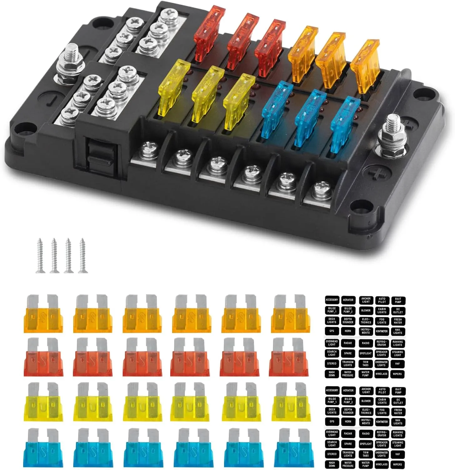 12 Way Fuse Block, 12V Blade Fuse Block, Waterproof Cover with LED Indicator for Cars, Trucks, Boats, RVs, DC 12-24V