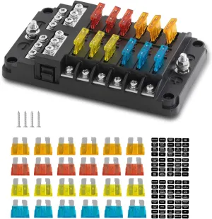 12 Way Fuse Block, 12V Blade Fuse Block, Waterproof Cover with LED Indicator for Cars, Trucks, Boats, RVs, DC 12-24V