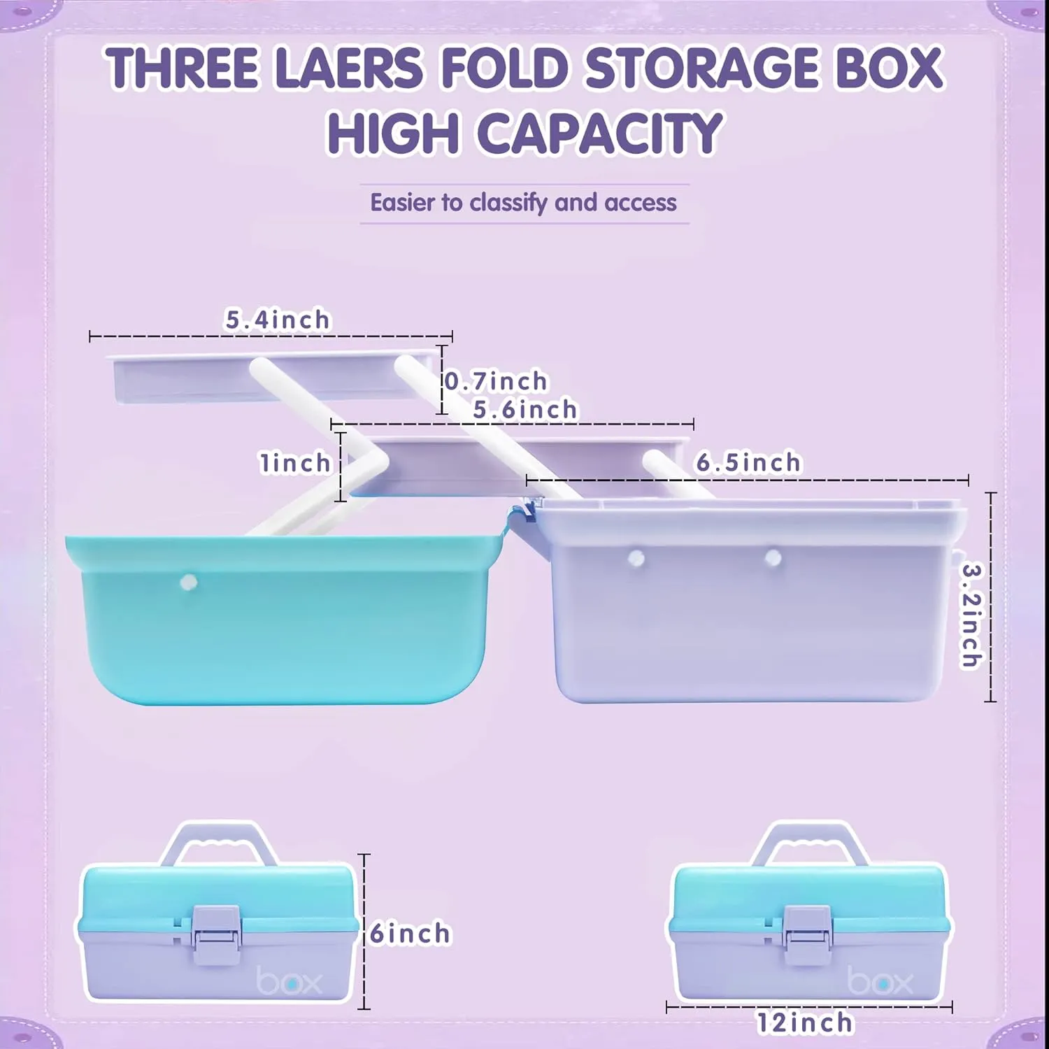 12in Three-Layer Multipurpose Storage Box Organizer Folding Tool Box/Art & Crafts Case/Sewing Supplies Organizer/Medicine Box/Family First Aid Box with 2 Trays (Purple Blue)