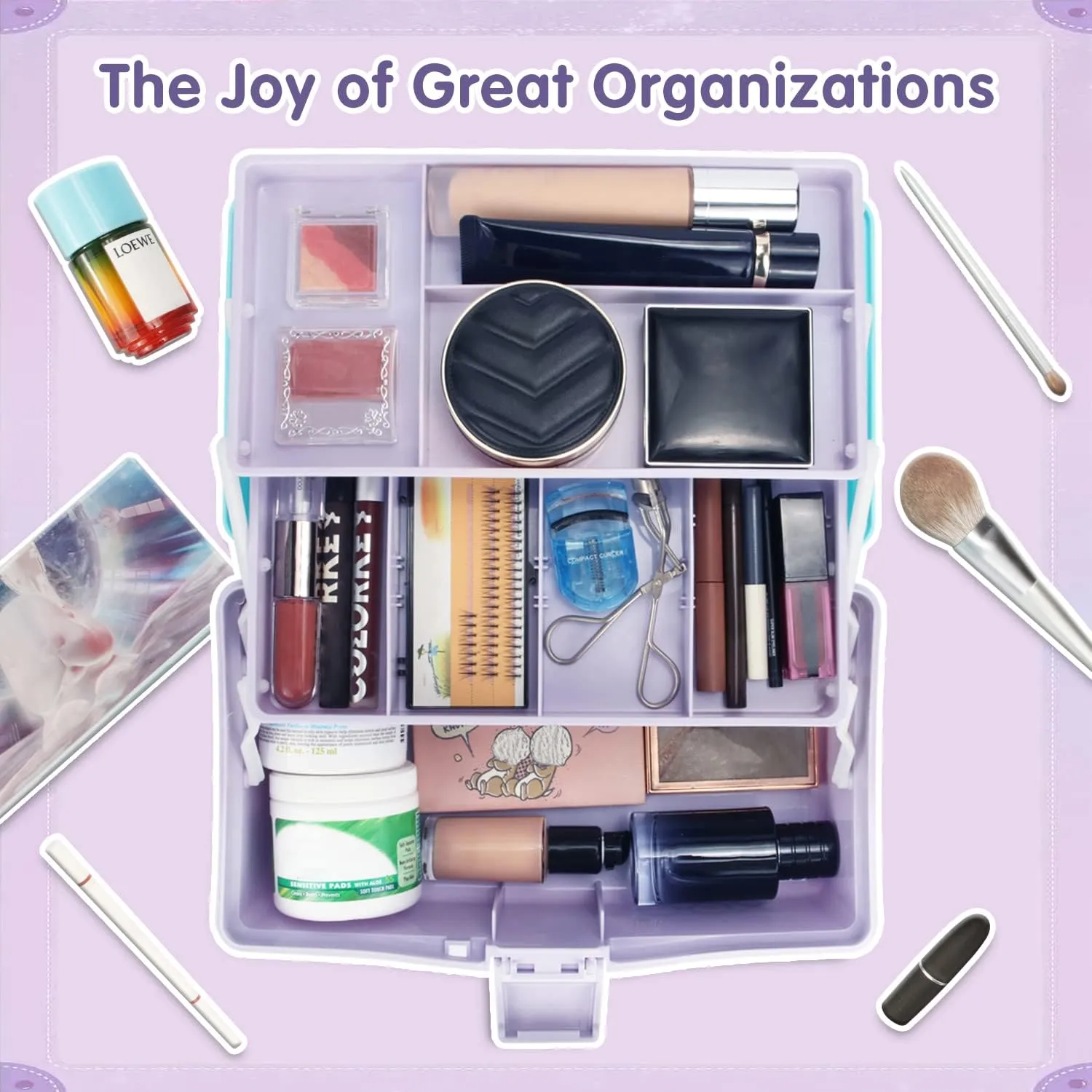12in Three-Layer Multipurpose Storage Box Organizer Folding Tool Box/Art & Crafts Case/Sewing Supplies Organizer/Medicine Box/Family First Aid Box with 2 Trays (Purple Blue)