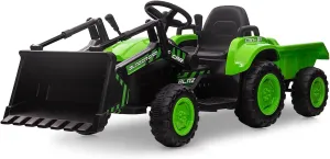 12V Excavator Ride On Toy for Kids 3-7 Years – 3-In-1 Ride On Tractor with Trailer & Push Dozer, Remote Control, Music, LED Lights, Horn, Detachable Bucket – Easy to Drive, ASTM/CPSIA Certified, Green