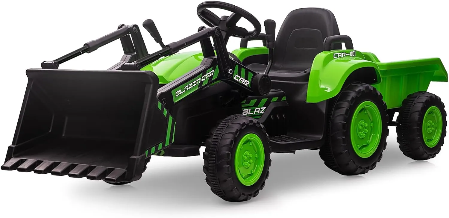 12V Excavator Ride On Toy for Kids 3-7 Years – 3-In-1 Ride On Tractor with Trailer & Push Dozer, Remote Control, Music, LED Lights, Horn, Detachable Bucket – Easy to Drive, ASTM/CPSIA Certified, Green