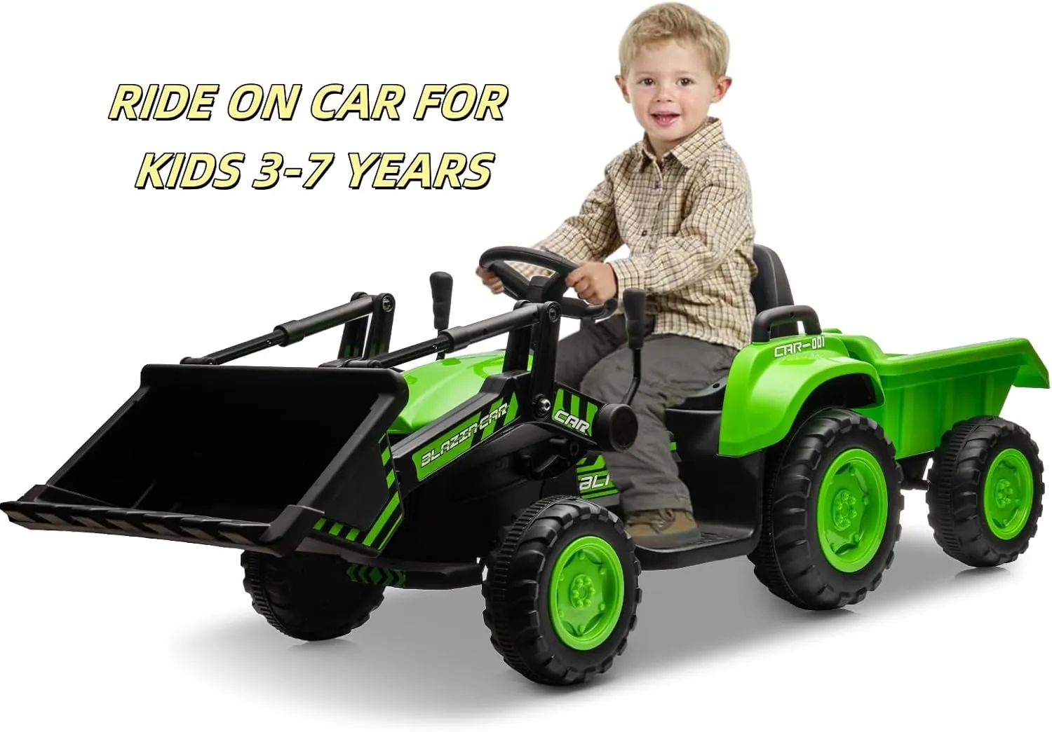 12V Excavator Ride On Toy for Kids 3-7 Years – 3-In-1 Ride On Tractor with Trailer & Push Dozer, Remote Control, Music, LED Lights, Horn, Detachable Bucket – Easy to Drive, ASTM/CPSIA Certified, Green