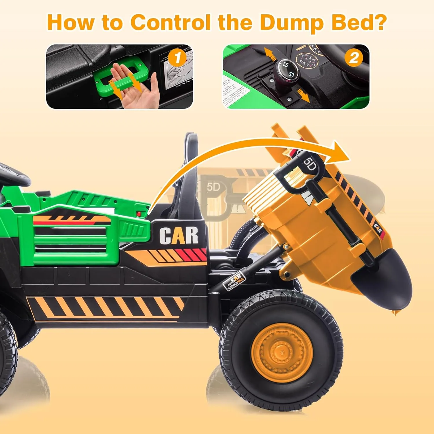 12V Kids Ride-on Dump Truck 2-Seater, Electric Ride-on Car Toy for 2 Kids with Remote Control, Electric Dump Bed, Shovel, Music, Key Start, Safety Belt, Birthday Gift (Green Yellow, 12V)
