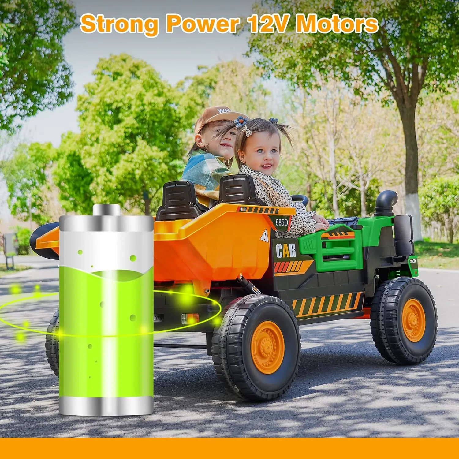12V Kids Ride-on Dump Truck 2-Seater, Electric Ride-on Car Toy for 2 Kids with Remote Control, Electric Dump Bed, Shovel, Music, Key Start, Safety Belt, Birthday Gift (Green Yellow, 12V)