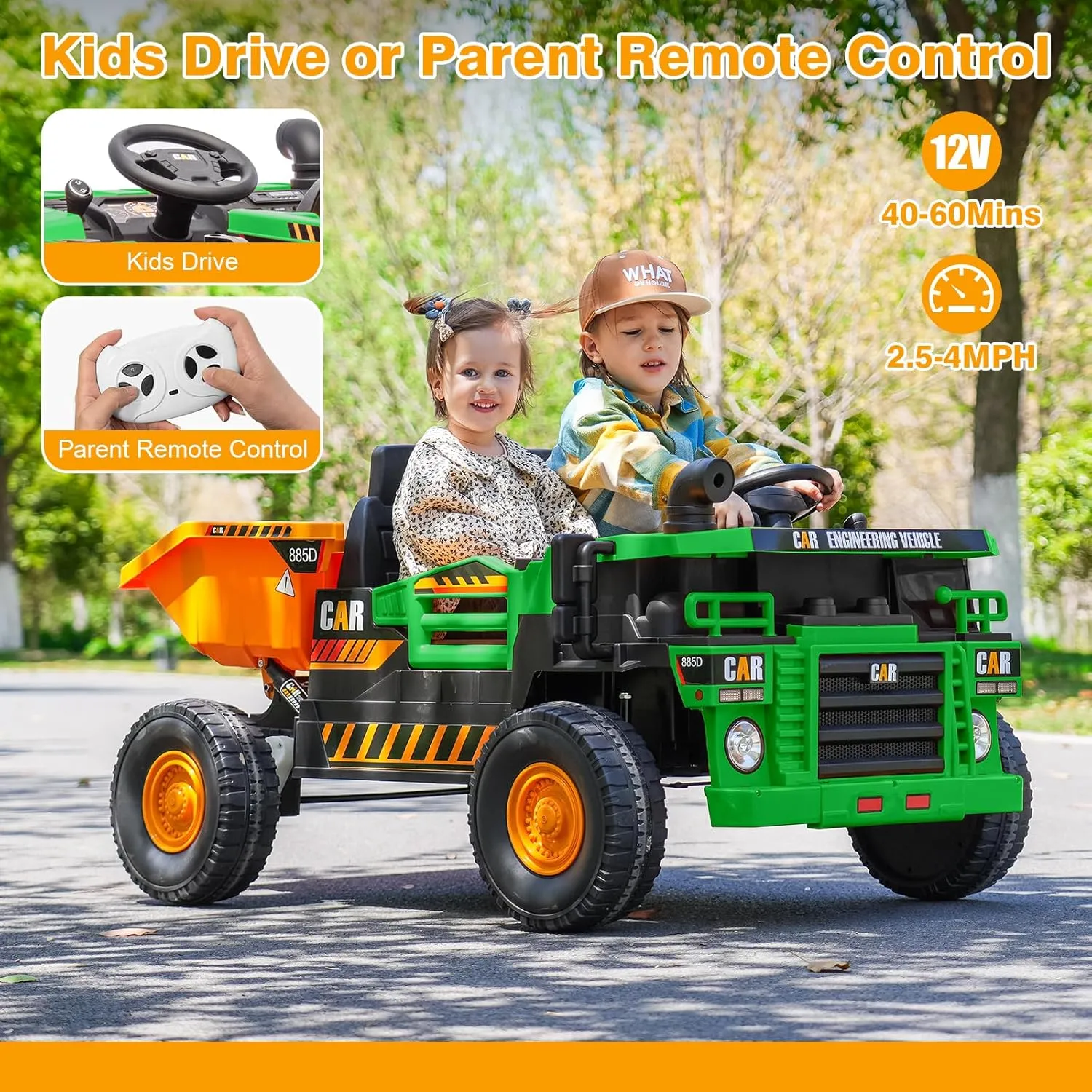 12V Kids Ride-on Dump Truck 2-Seater, Electric Ride-on Car Toy for 2 Kids with Remote Control, Electric Dump Bed, Shovel, Music, Key Start, Safety Belt, Birthday Gift (Green Yellow, 12V)