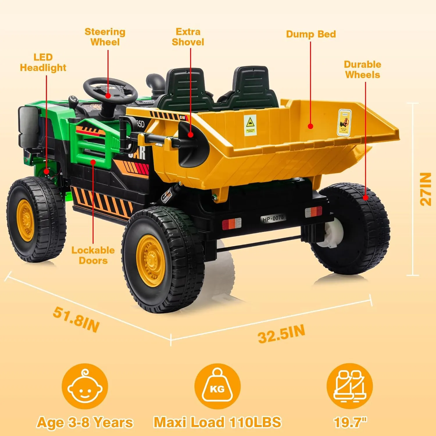 12V Kids Ride-on Dump Truck 2-Seater, Electric Ride-on Car Toy for 2 Kids with Remote Control, Electric Dump Bed, Shovel, Music, Key Start, Safety Belt, Birthday Gift (Green Yellow, 12V)