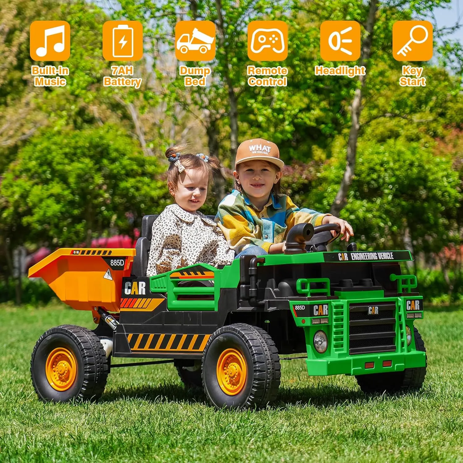 12V Kids Ride-on Dump Truck 2-Seater, Electric Ride-on Car Toy for 2 Kids with Remote Control, Electric Dump Bed, Shovel, Music, Key Start, Safety Belt, Birthday Gift (Green Yellow, 12V)