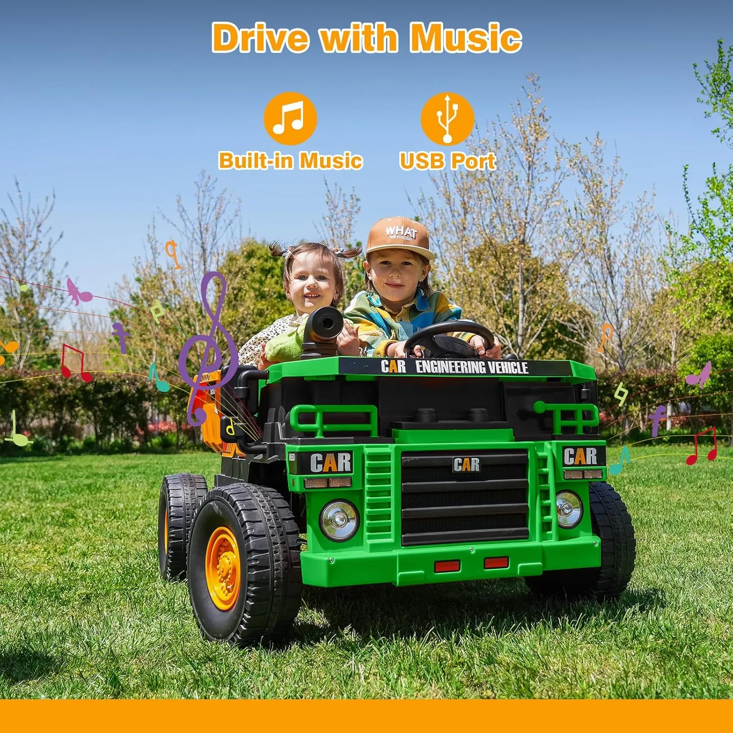 12V Kids Ride-on Dump Truck 2-Seater, Electric Ride-on Car Toy for 2 Kids with Remote Control, Electric Dump Bed, Shovel, Music, Key Start, Safety Belt, Birthday Gift (Green Yellow, 12V)