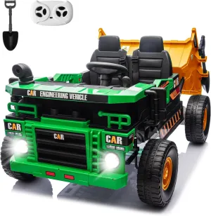 12V Kids Ride-on Dump Truck 2-Seater, Electric Ride-on Car Toy for 2 Kids with Remote Control, Electric Dump Bed, Shovel, Music, Key Start, Safety Belt, Birthday Gift (Green Yellow, 12V)