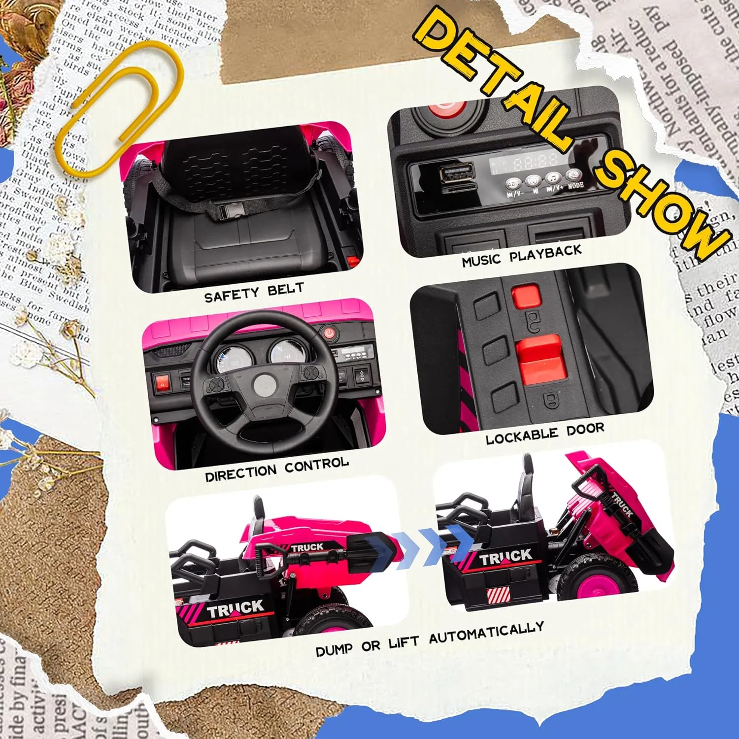 12V Kids Ride on Dump Truck W/Remote Control, Electric Dump Bed and Extra Shovel, Ride on Toy for Boys Girls W/Bluetooth, Music, Speed Adjustment, LED Lights, Soft Start, Rear-Wheel Suspension, Pink