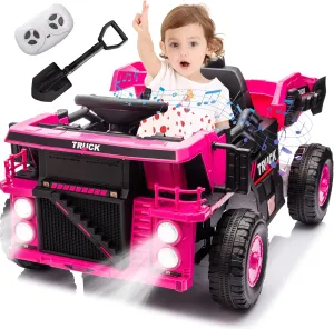 12V Kids Ride on Dump Truck W/Remote Control, Electric Dump Bed and Extra Shovel, Ride on Toy for Boys Girls W/Bluetooth, Music, Speed Adjustment, LED Lights, Soft Start, Rear-Wheel Suspension, Pink