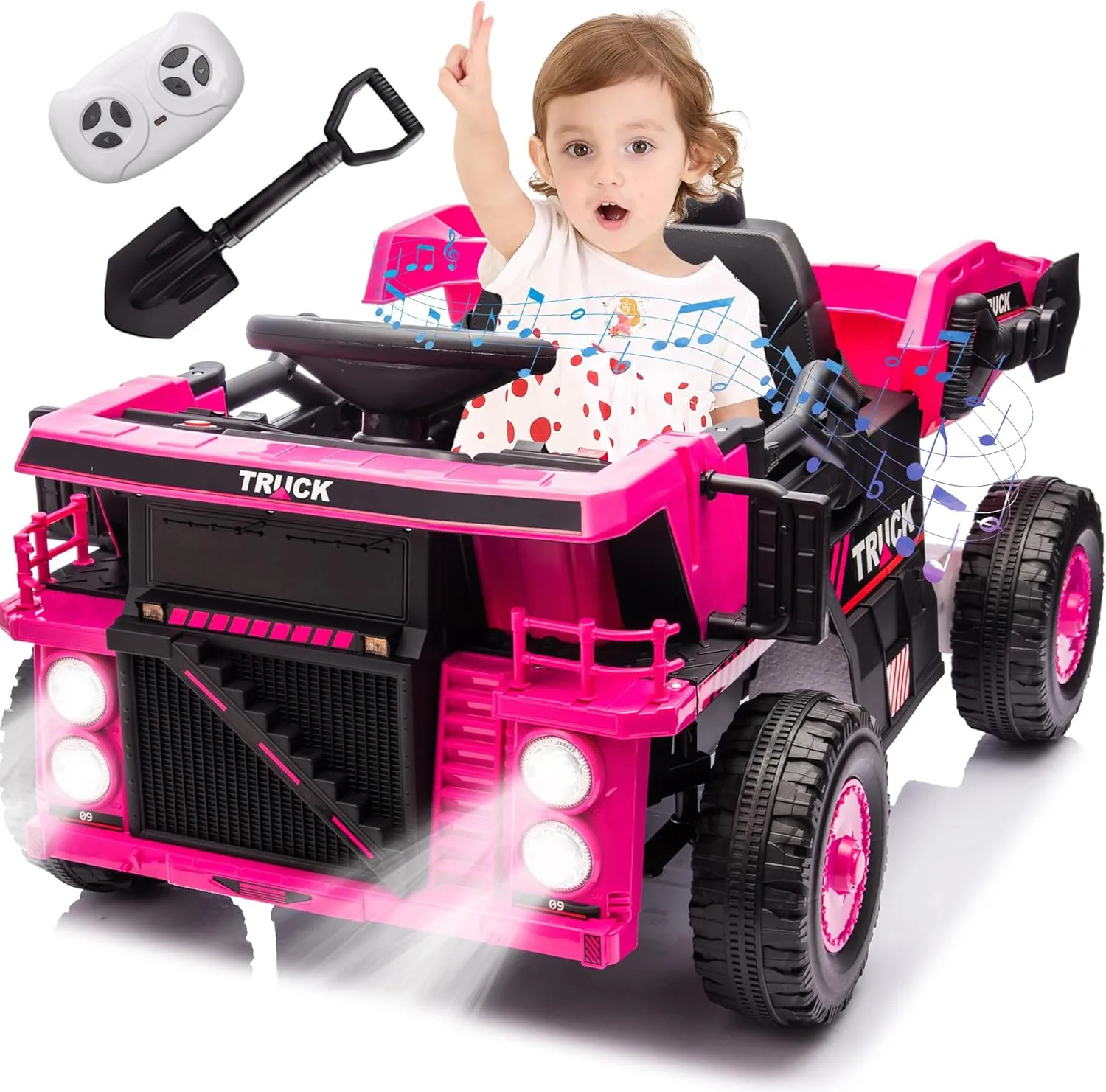 12V Kids Ride on Dump Truck W/Remote Control, Electric Dump Bed and Extra Shovel, Ride on Toy for Boys Girls W/Bluetooth, Music, Speed Adjustment, LED Lights, Soft Start, Rear-Wheel Suspension, Pink
