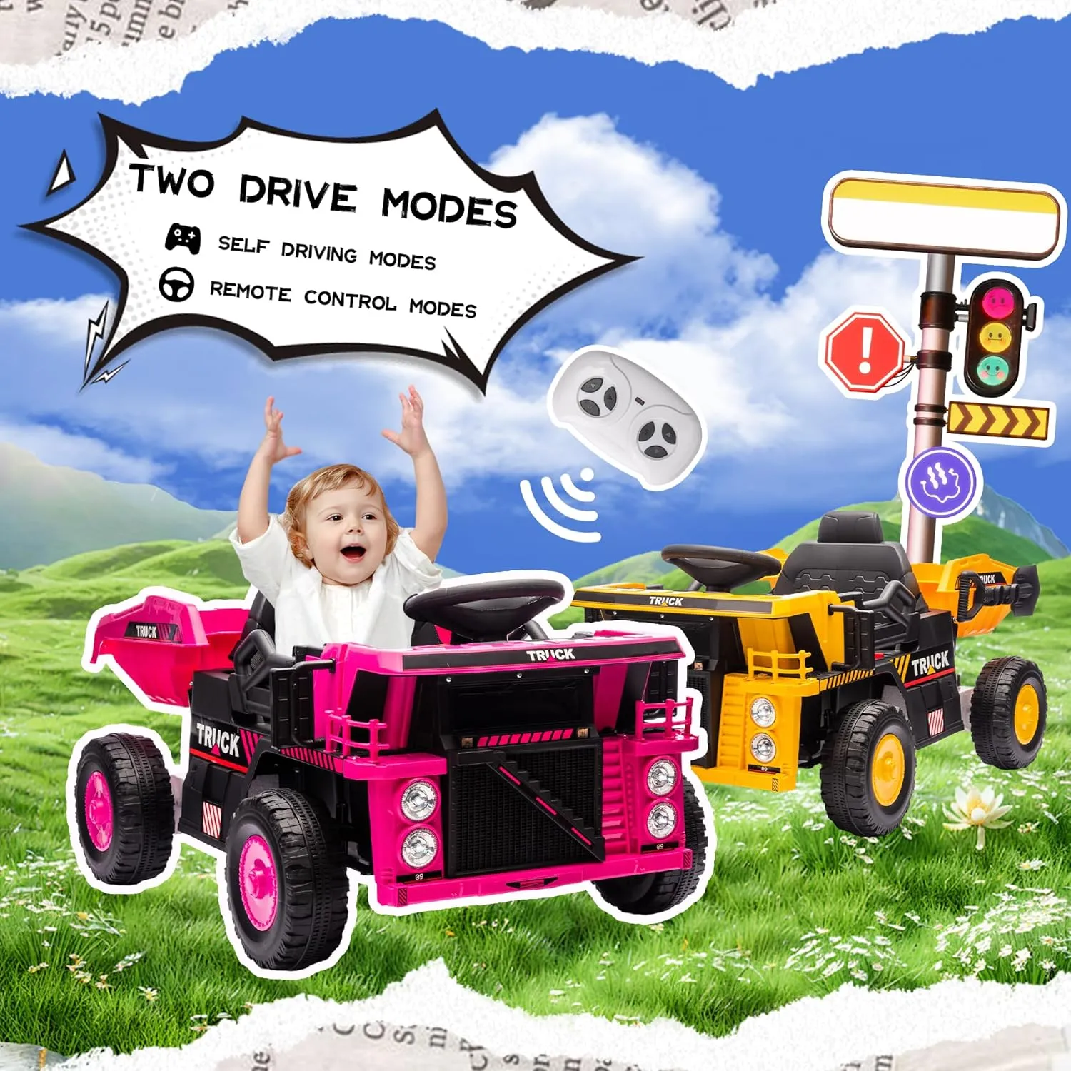 12V Kids Ride on Dump Truck W/Remote Control, Electric Dump Bed and Extra Shovel, Ride on Toy for Boys Girls W/Bluetooth, Music, Speed Adjustment, LED Lights, Soft Start, Rear-Wheel Suspension, Pink