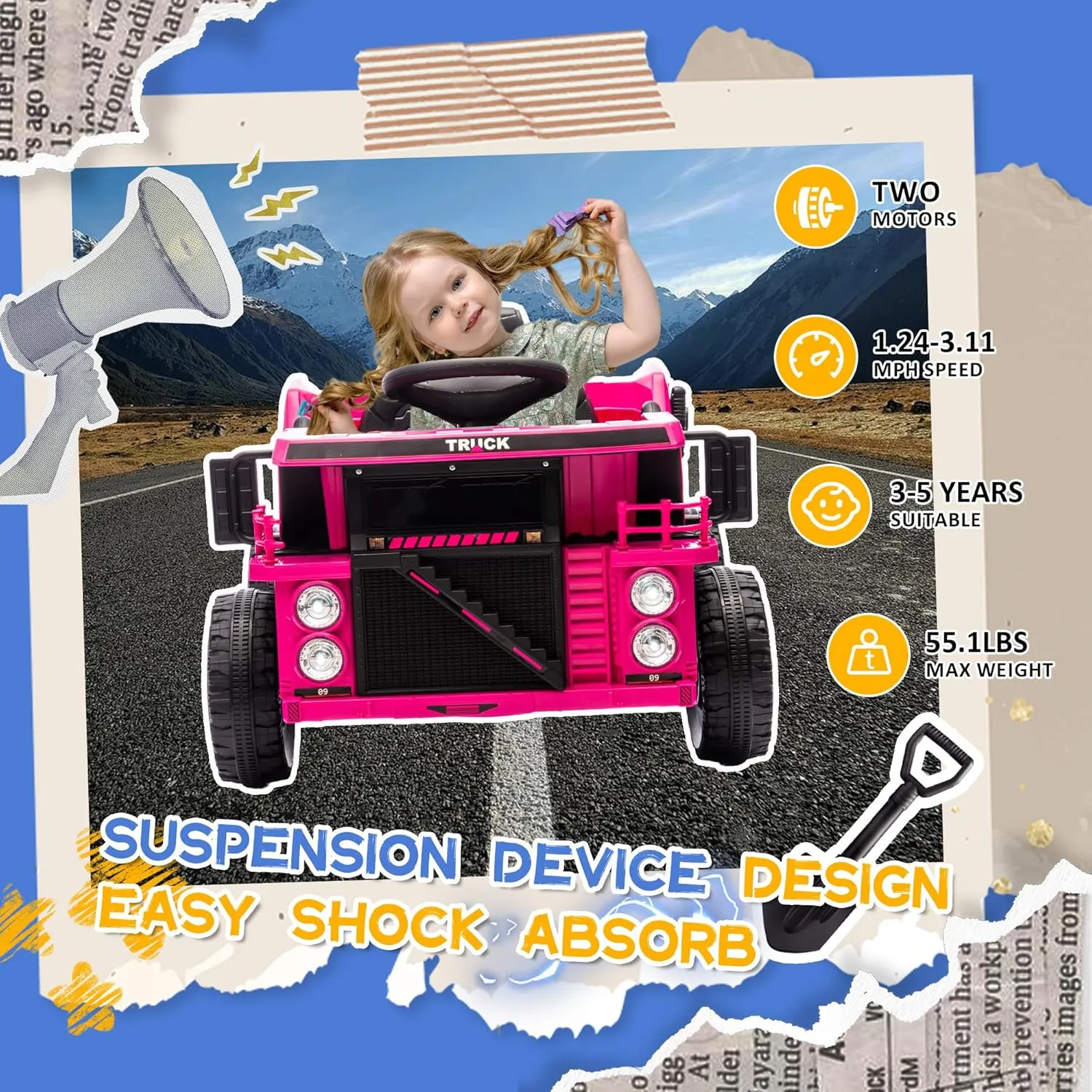 12V Kids Ride on Dump Truck W/Remote Control, Electric Dump Bed and Extra Shovel, Ride on Toy for Boys Girls W/Bluetooth, Music, Speed Adjustment, LED Lights, Soft Start, Rear-Wheel Suspension, Pink