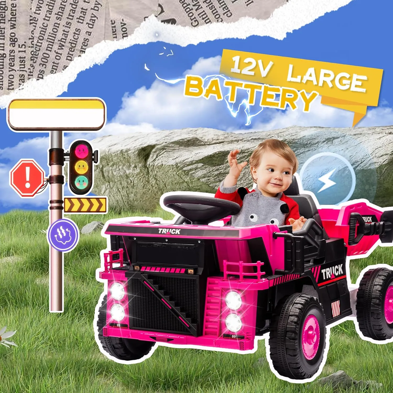 12V Kids Ride on Dump Truck W/Remote Control, Electric Dump Bed and Extra Shovel, Ride on Toy for Boys Girls W/Bluetooth, Music, Speed Adjustment, LED Lights, Soft Start, Rear-Wheel Suspension, Pink