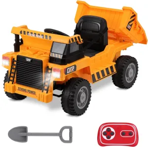 12V Ride On Dump Truck for Kids, Electric Cars for Kids with Remote Control, Yellow Electric Dump Truck with Dump Bed, Extra Shovel, Music, Lights, Battery Powered Ride on Construction Truck