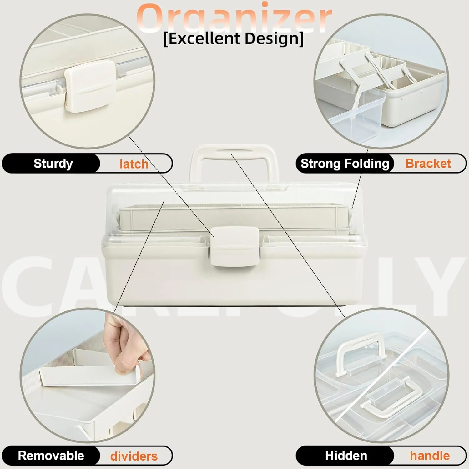 14in 3-Layer Multipurpose Craft Organizers and Storage with Adjustable Dividers, Portable Tackle Box, Folding Art & Craft Case for Medicine, Tool, Sewing Organizer (White, X-Large)