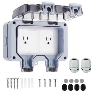 15 Amp Outdoor Electrical Outlet Box, Dual NEMA 5-15 Socket with Waterproof Cover, 125V Power Outlet, Outdoor Lockable Wall Plug Socket Box, IP66, Clear/Gray