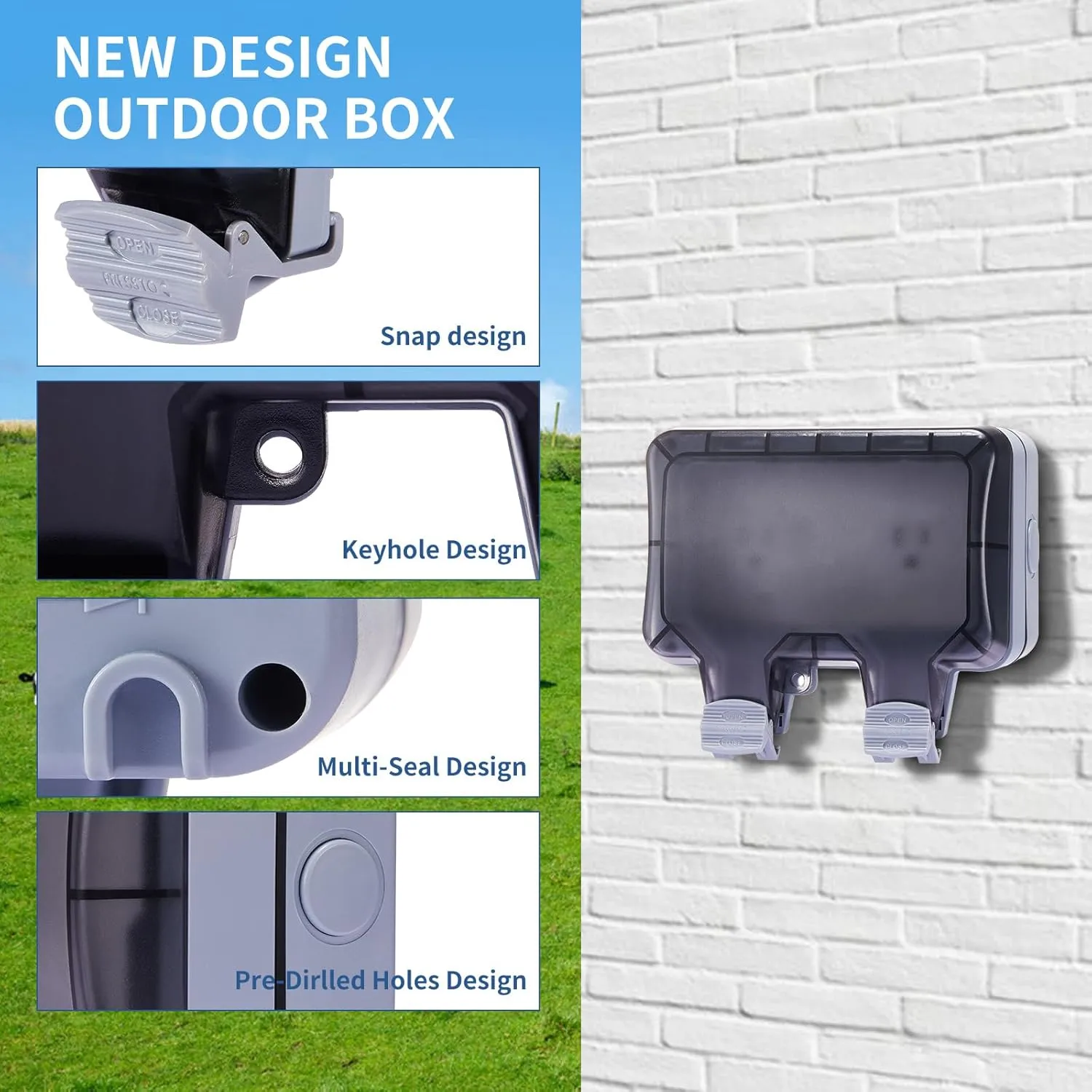 15 Amp Outdoor Electrical Outlet Box, Dual NEMA 5-15 Socket with Waterproof Cover, 125V Power Outlet, Outdoor Lockable Wall Plug Socket Box, IP66, Clear/Gray
