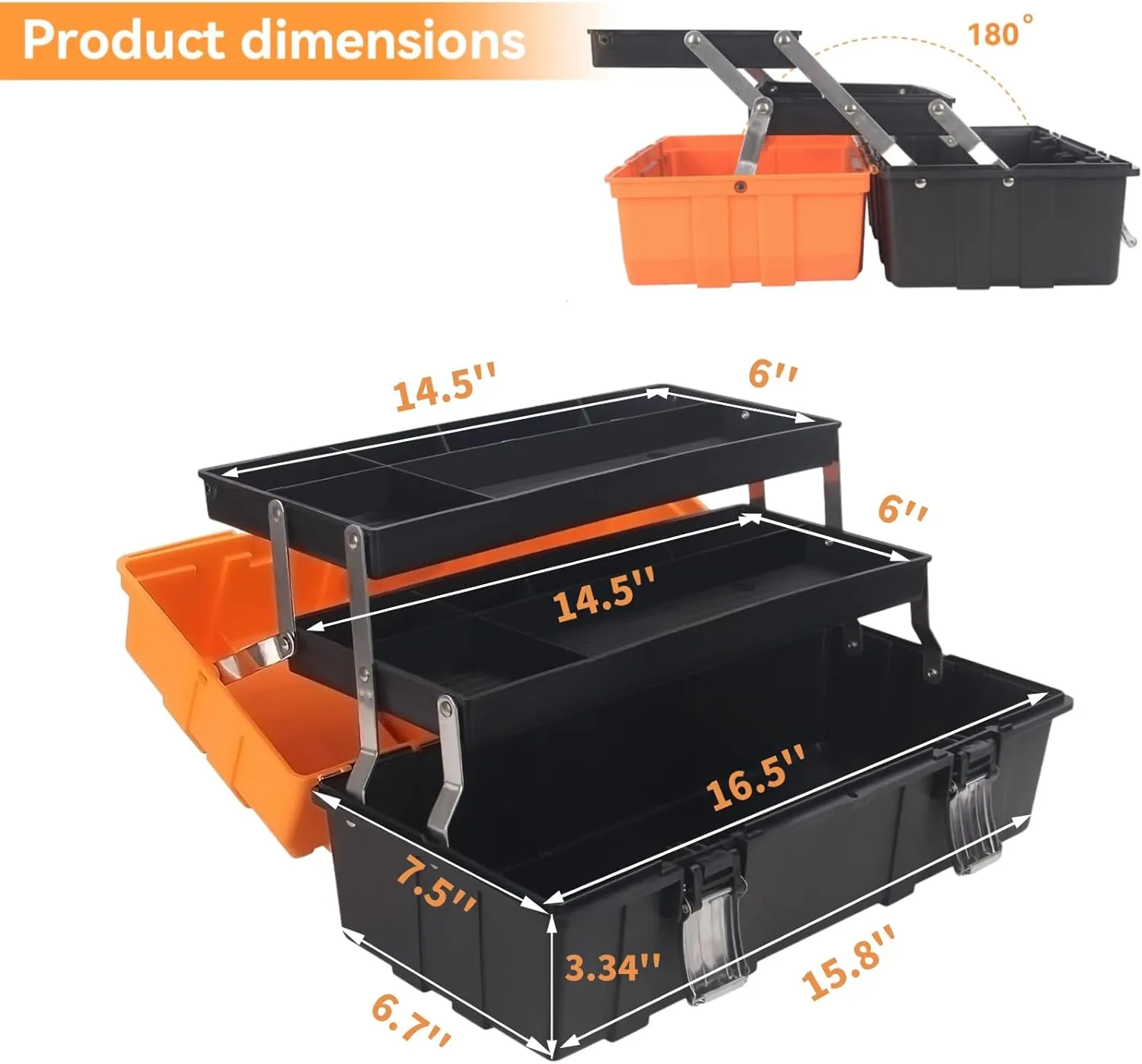 16.5-Inch Tool Box Organizer 3-Layer Multiplication Plastic Storage Toolbox with Portable Handle Perfect for Home Office Car Trunk Fishing