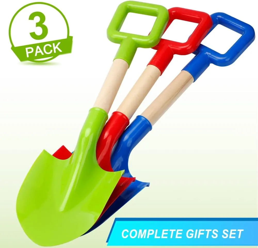 16" Kids Beach Spades Sand Shovels Toys Gardening Tools Kit Sandbox Sturdy Scoop Durable Wood Handle ABS Plastic Spade for Garden Sand Snow Backyard Summer Kids Adults 3 Pack- Blue&Green&Red