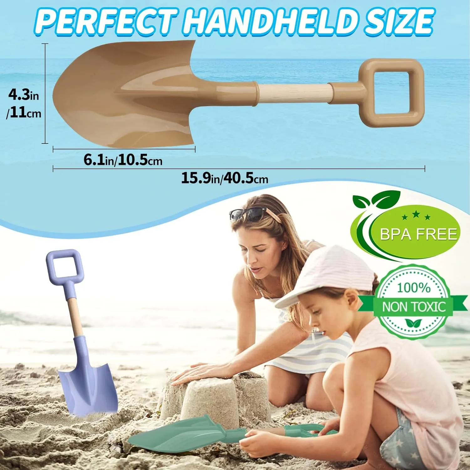 16" Wood Beach Sand Shovel Toys for Kids Adults, Heavy Duty Beach Toys Shovels for Sandbox Table, Sand Toy Shovel for Shoveling, Digging, Garden Fun