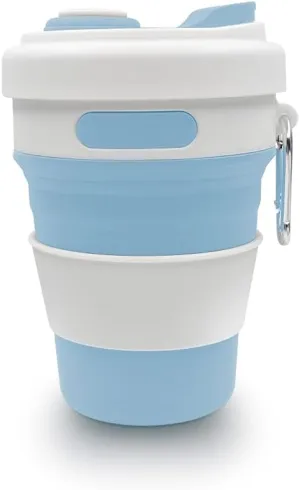 17oz Collapsible Travel Cup With Lid & Metal Hook Reusable Silicone Coffee Folding Mug for Hot/Cold Drink Portable Outdoor Camping Hiking Microwave & Dishwasher Safe (Blue)