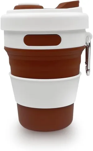 17oz Collapsible Travel Cup With Lid & Metal Hook Reusable Silicone Coffee Folding Mug for Hot/Cold Drink Portable Outdoor Camping Hiking Microwave & Dishwasher Safe (Coffee)