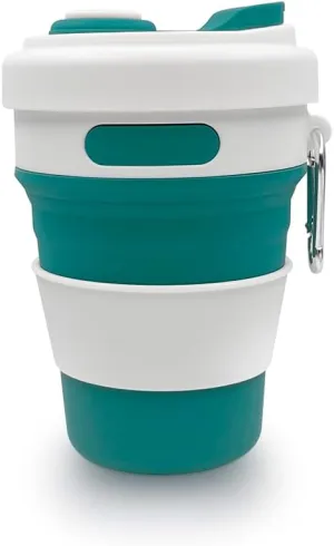 17oz Collapsible Travel Cup With Lid & Metal Hook Reusable Silicone Coffee Folding Mug for Hot/Cold Drink Portable Outdoor Camping Hiking Microwave & Dishwasher Safe (Cyanine)