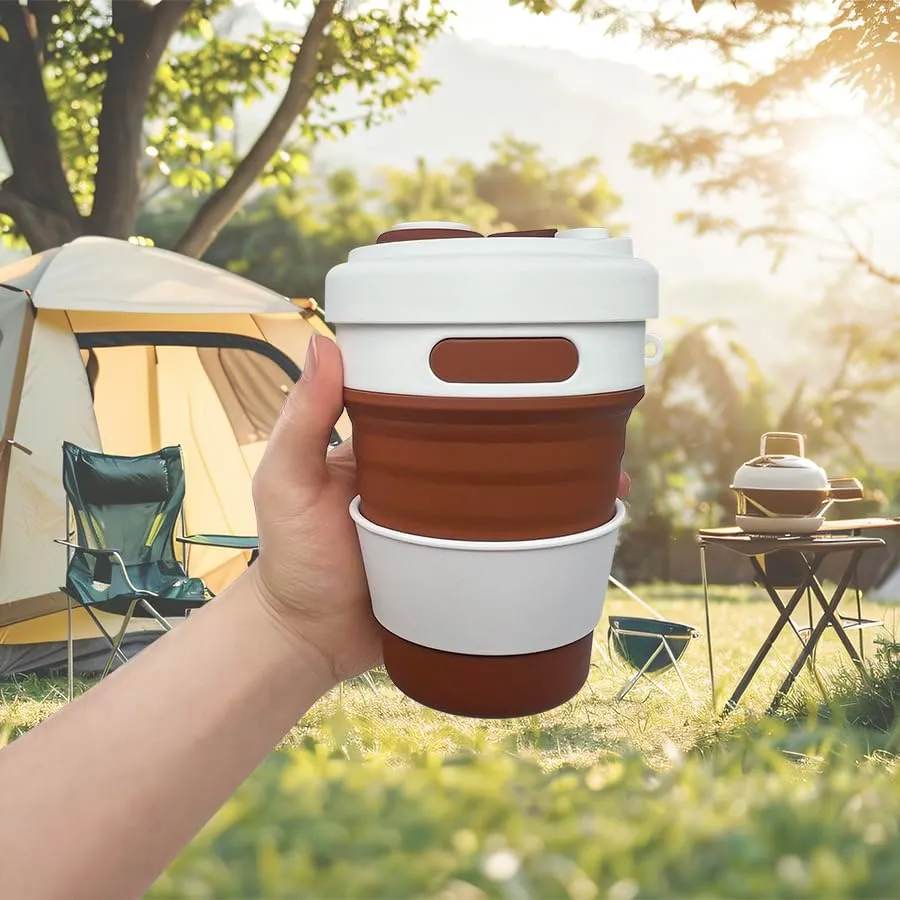 17oz Collapsible Travel Cup With Lid & Metal Hook Reusable Silicone Coffee Folding Mug for Hot/Cold Drink Portable Outdoor Camping Hiking Microwave & Dishwasher Safe (Cyanine)