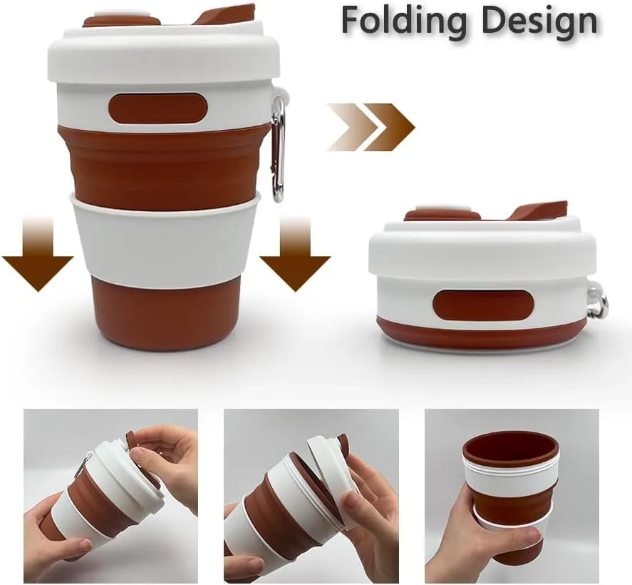 17oz Collapsible Travel Cup With Lid & Metal Hook Reusable Silicone Coffee Folding Mug for Hot/Cold Drink Portable Outdoor Camping Hiking Microwave & Dishwasher Safe (Cyanine)