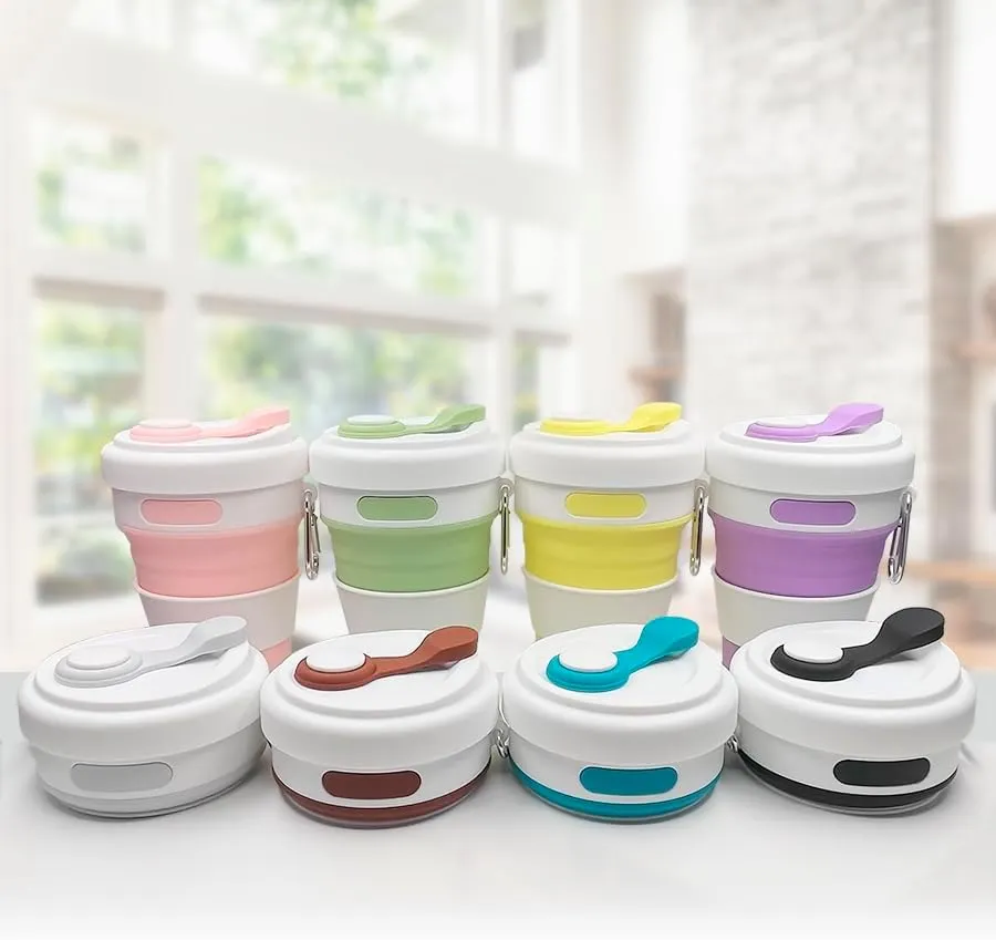 17oz Collapsible Travel Cup With Lid & Metal Hook Reusable Silicone Coffee Folding Mug for Hot/Cold Drink Portable Outdoor Camping Hiking Microwave & Dishwasher Safe (Cyanine)