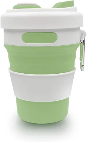 17oz Collapsible Travel Cup With Lid & Metal Hook Reusable Silicone Coffee Folding Mug for Hot/Cold Drink Portable Outdoor Camping Hiking Microwave & Dishwasher Safe (Green)