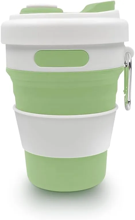 17oz Collapsible Travel Cup With Lid & Metal Hook Reusable Silicone Coffee Folding Mug for Hot/Cold Drink Portable Outdoor Camping Hiking Microwave & Dishwasher Safe (Green)