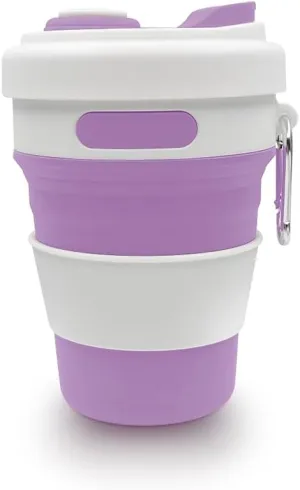 17oz Collapsible Travel Cup With Lid & Metal Hook Reusable Silicone Coffee Folding Mug for Hot/Cold Drink Portable Outdoor Camping Hiking Microwave & Dishwasher Safe (Purple)