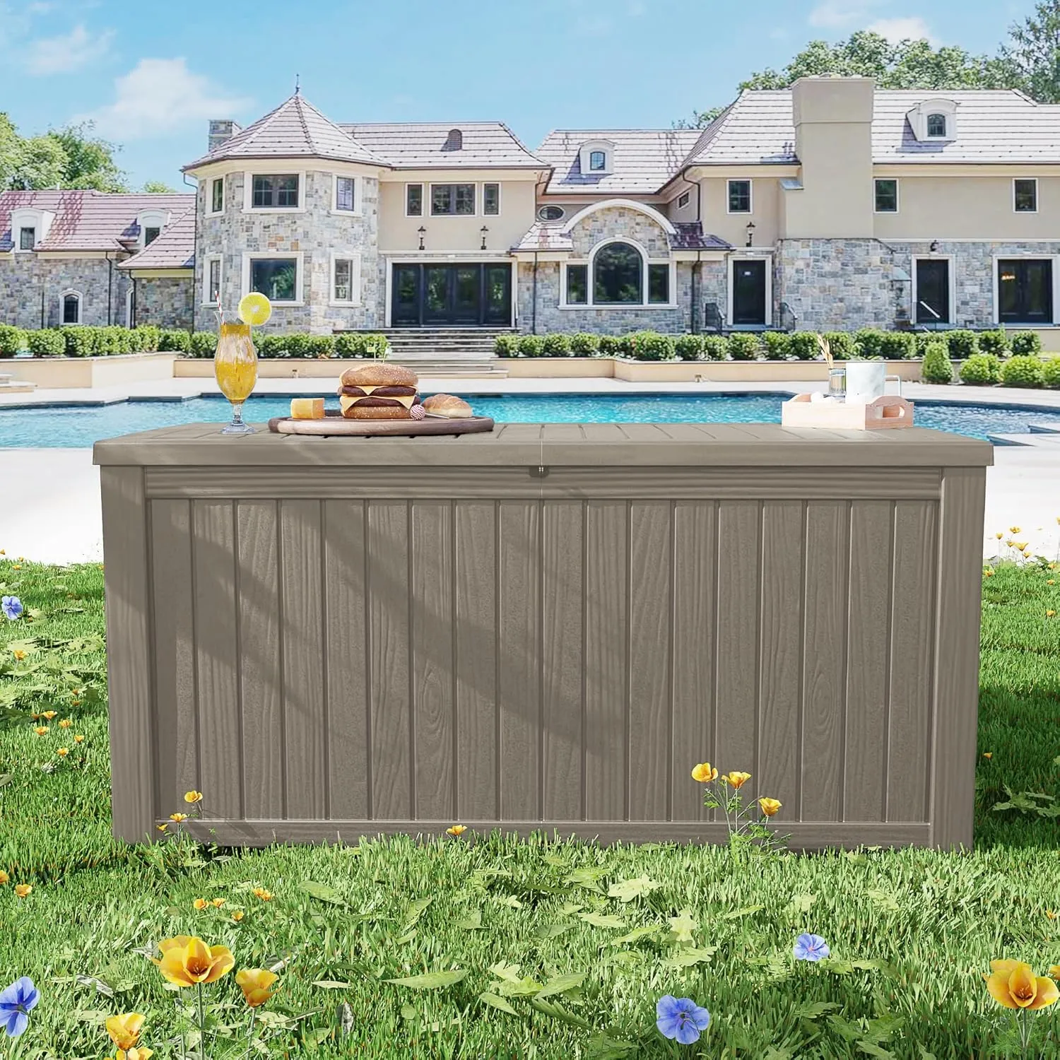 180 Gallon Lockable Resin Deck Box, Waterproof Outdoor Storage Box for Patio Furniture, Garden Tools, Pool Accessories, UV-Resistant Outside Delivery Grey