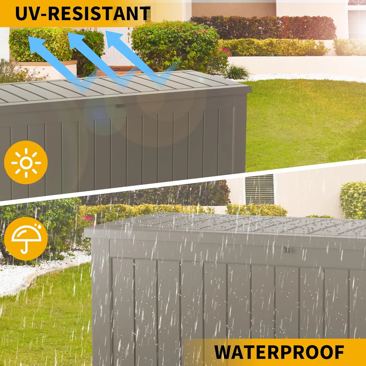 180 Gallon Lockable Resin Deck Box, Waterproof Outdoor Storage Box for Patio Furniture, Garden Tools, Pool Accessories, UV-Resistant Outside Delivery Grey