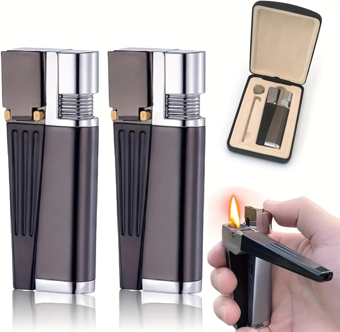 2-in-1 Retro Foldable Lighter with Leather Gift Box Soft Flame Lighter All-in-One Portable Refillable Metal Folding Butane Lighter Gift for Men and Women (Without Gas)(Black-2pc)