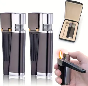 2-in-1 Retro Foldable Lighter with Leather Gift Box Soft Flame Lighter All-in-One Portable Refillable Metal Folding Butane Lighter Gift for Men and Women (Without Gas)(Black-2pc)