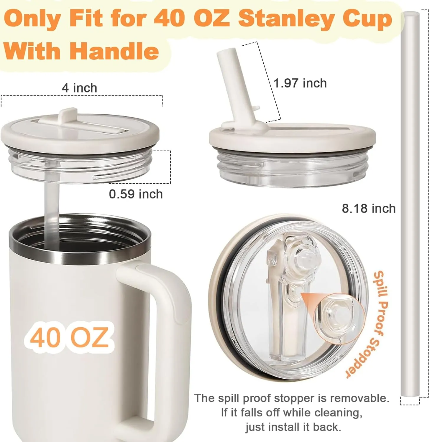 2 Pack 40 oz Flip Straw Leak Proof Lid for Stanley H2.0 Quencher, Stanley Lid Replacement 40 oz for Stanley Cup Accessories ProTour, No Spill Proof Straw Cover for Stanley Accessories (Cream & Cream)