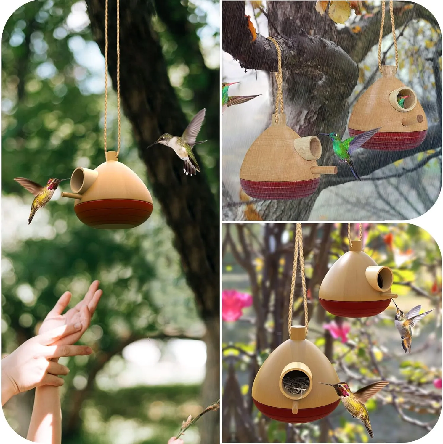 2 Pack Hummingbird House, Wooden Bird Houses for Outside Humming Bird Box for Nesting, Hanging Chickadee Box for Indoor Outdoor