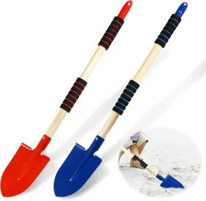 2 Pack Metal Beach Shovels for Kids, Kids Sand Shovel for Digging, 28" Small Sand Shovels Spade with Wood Handle and Foam Grip, Children Beach Play Tools for Digging Sandbox Toys