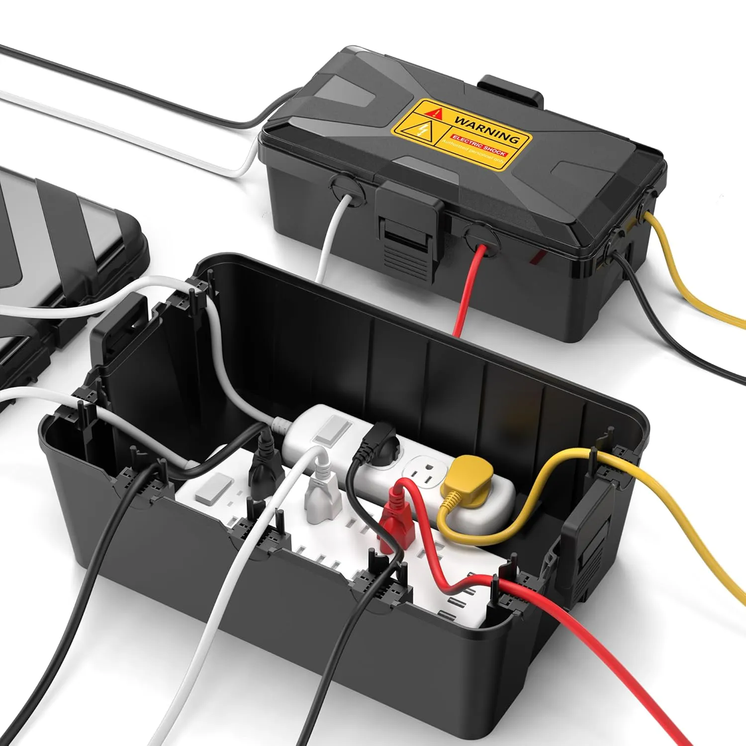 2 Pack Outdoor Electrical Box, Large IP54 Weatherproof Extension Cord Covers, Waterproof Outdoor Outlet Covers Protect Power Strip, Timer, Plug, Holiday Lights, Black