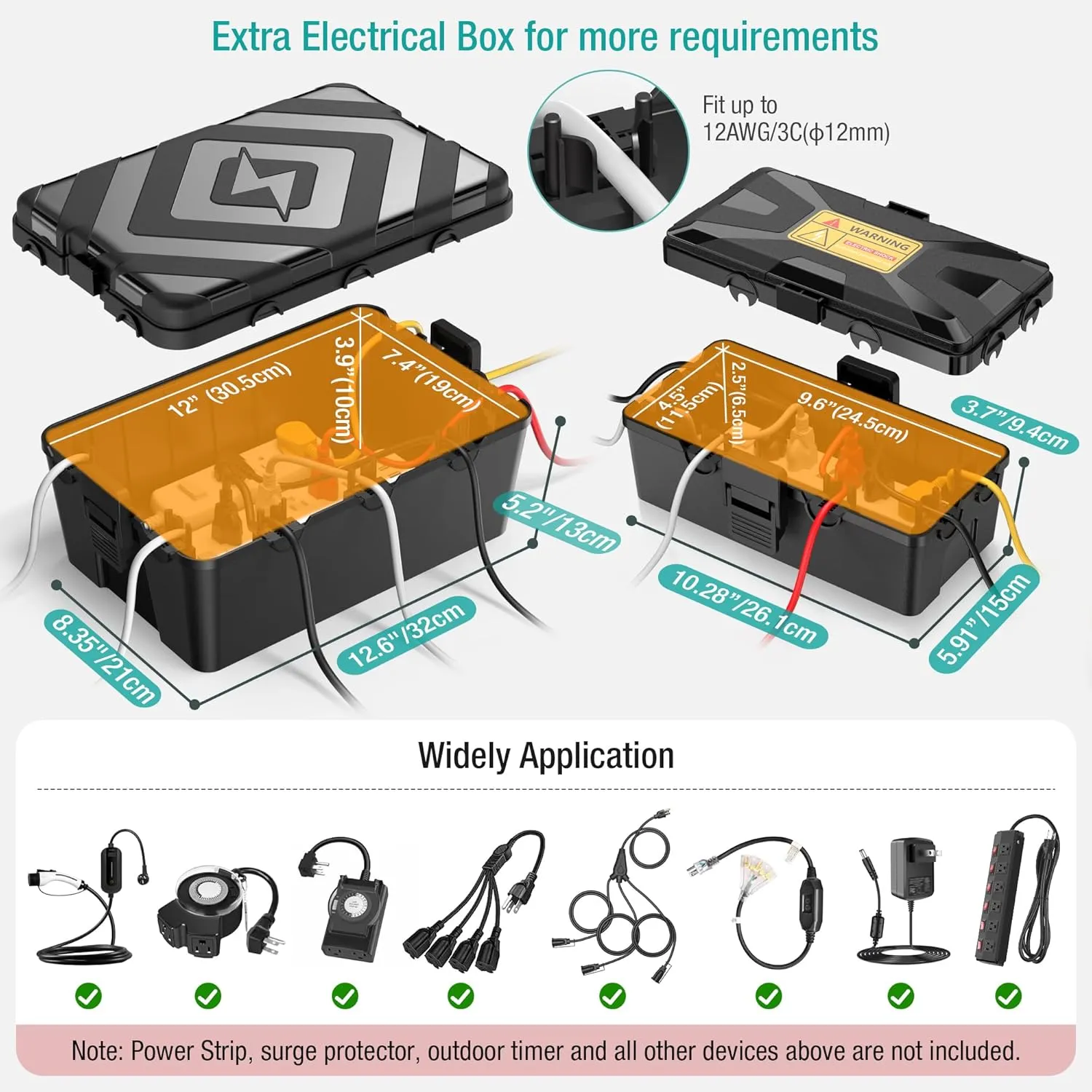 2 Pack Outdoor Electrical Box, Large IP54 Weatherproof Extension Cord Covers, Waterproof Outdoor Outlet Covers Protect Power Strip, Timer, Plug, Holiday Lights, Black
