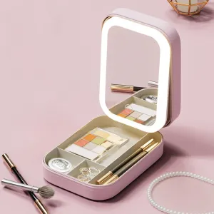 2 Pcs 3-Color Makeup Mirror, Rechargeable Travel Makeup Mirror with Lights, Folding Lighted Makeup Mirror, Jewelry Box, Cosmetics Storage Box (Pink)